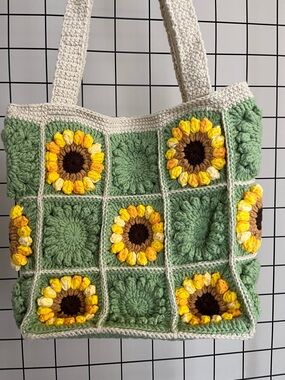 Handmade Green Crochet Sunflower Tote Bag